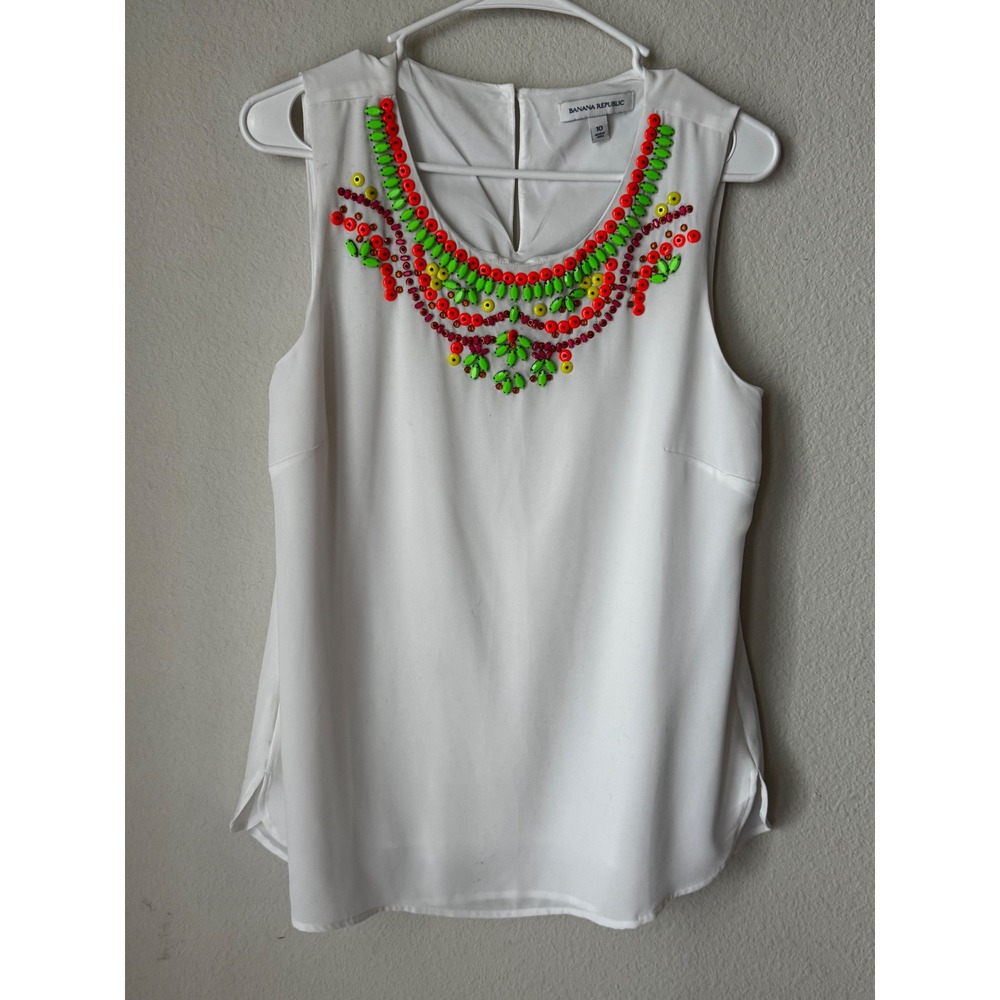 Banana Republic White Sleeveless Beaded Neckline Blouse Neon Embellished Size 10
